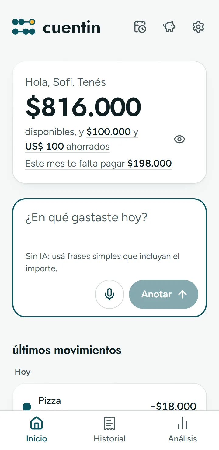 Pantalla de Cuentin: Tu plata, al día