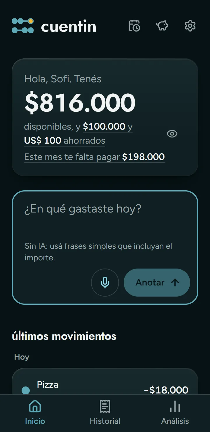 Pantalla de Cuentin: Tu plata, al día